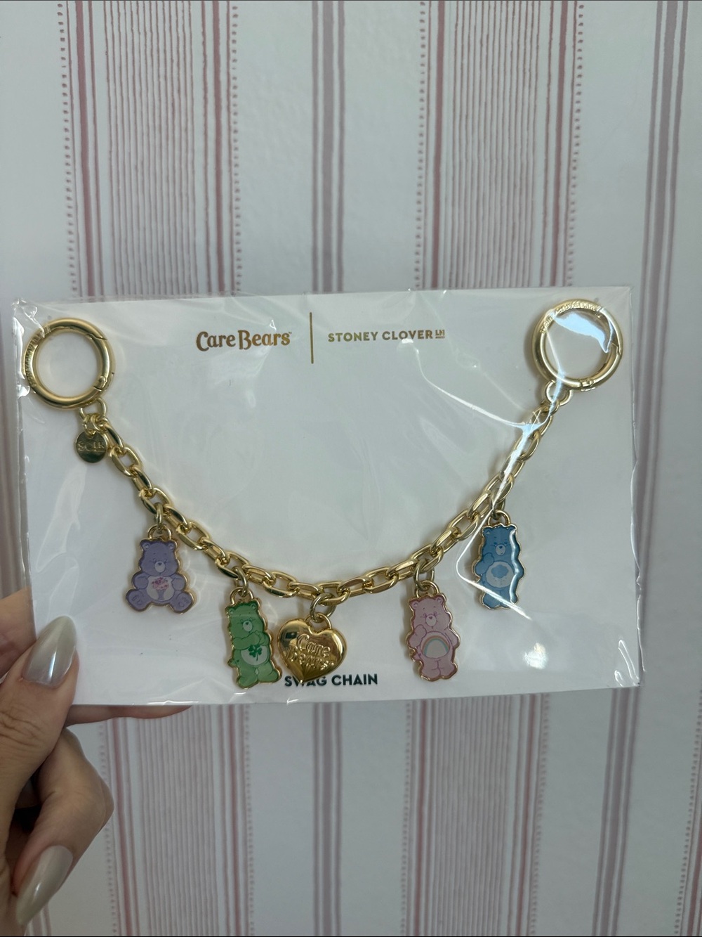 Care Bears Gold Charm Chain with Pastel Purple, Green, Pink & Blue Bears